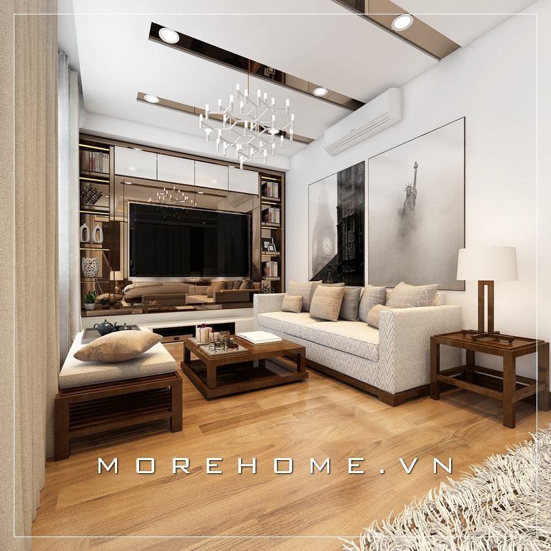 Không gian phòng khách căn hộ chung cư đầy ấn tượng từ bộ sofa khung gỗ óc chó cao cấp được thiết kế theo phong cách hiện đại kiểu dáng văng tiện nghi.